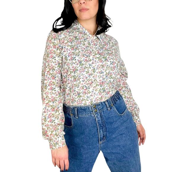 1980s Vintage Floral Blouse Long Sleeve Button Up Collared Top Cottage Medium - Picture 2 of 6